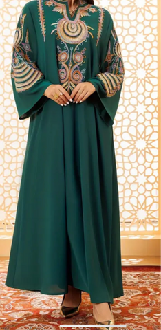 Embroidered Green Special Occasion Long Traditional Middle Eastern Dress