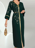 Elegant Dark Green V-Neck Embellished Eid Dress with Rhinestone & Beaded Detailing