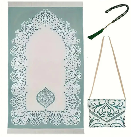 Teal Green Travel Prayer Mat Gift Set with Carrying Bag & Glass Dhikr Beads