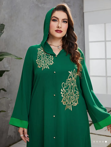 Green & Beige Embroidered Hooded Abaya Dress