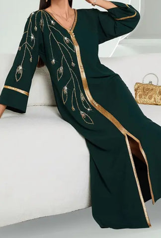 Elegant Dark Green V-Neck Embellished Eid Dress with Rhinestone & Beaded Detailing Elegant Dark Green V-Neck Embellished Eid Dress with Rhinestone & Beaded Detailing