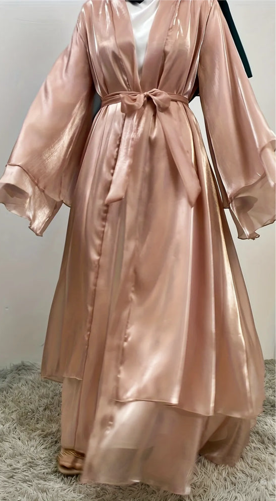 chinese dress ladies Feather Hem Satin Open Abaya