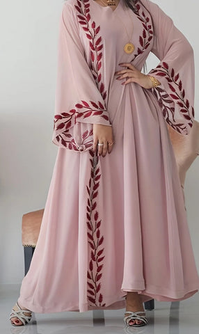 Pink Embroidered Vines Abaya Set with matching Hijab