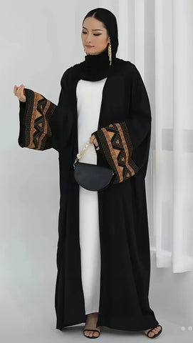 Black Oversized Open Abaya with Embroidered Sleeves