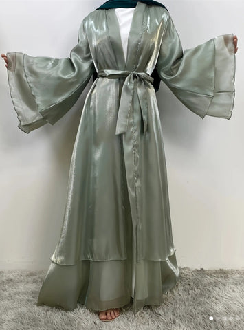 Layered  Metallic Light Pink Open Abaya