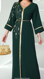 Elegant Dark Green V-Neck Embellished Eid Dress with Rhinestone & Beaded Detailing