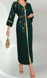 Elegant Dark Green V-Neck Embellished Eid Dress with Rhinestone & Beaded Detailing