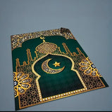 Green and Golden Mosque Design Crystal Velvet Polyester Prayer Mat