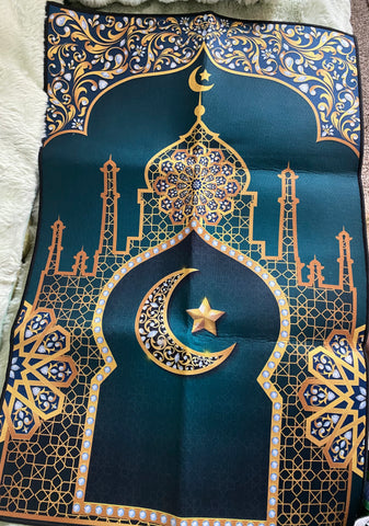 Green and Golden Mosque Design Crystal Velvet Polyester Prayer Mat