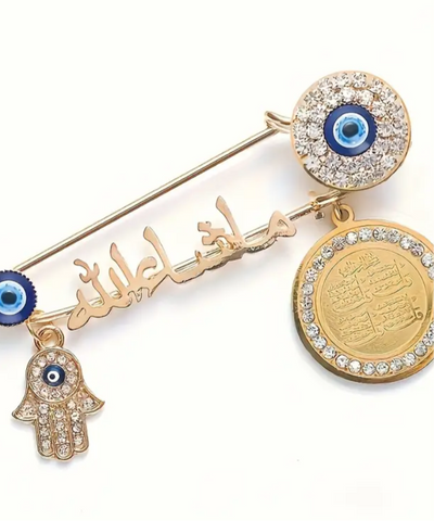 Holy Quran Rhinestone Turkish Evil Eye Hand of Fatimah Tawiz Brooch Pin