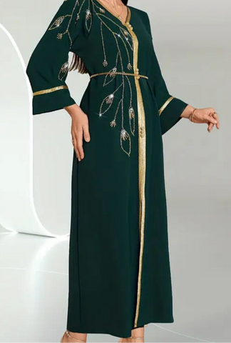 Elegant Dark Green V-Neck Embellished Eid Dress with Rhinestone & Beaded Detailing Elegant Dark Green V-Neck Embellished Eid Dress with Rhinestone & Beaded Detailing