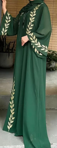 Green Embroidered Vines Abaya Set with matching Hijab