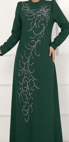 Dark Green Abaya Dress with Silver Sequins