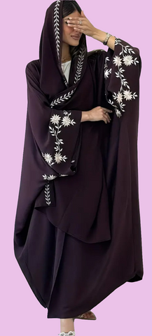 Free Size Eggplant Embroidered Open Abaya & Hijab Set