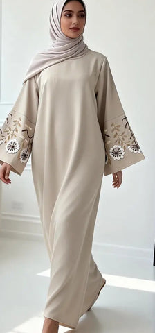 Beige Embroidered Sleeved Oversized Abaya