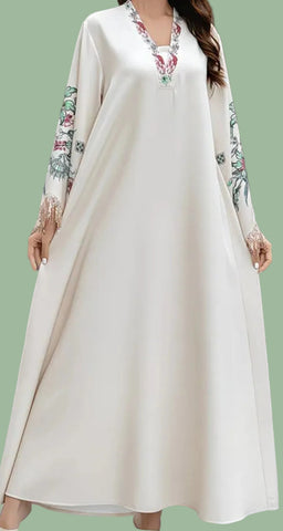 Beige Fringe Embellishments Abaya Dress