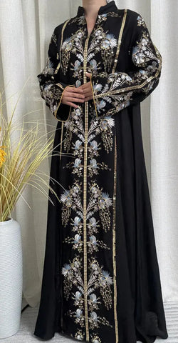 Black & Blue Embroidered Sequin Abaya Dress