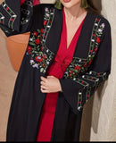 Black Abaya with Red Floral Embroidered Sleeves