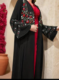 Black Abaya with Red Floral Embroidered Sleeves