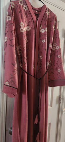 Pink Rose Abaya Dress with Floral Embroidering